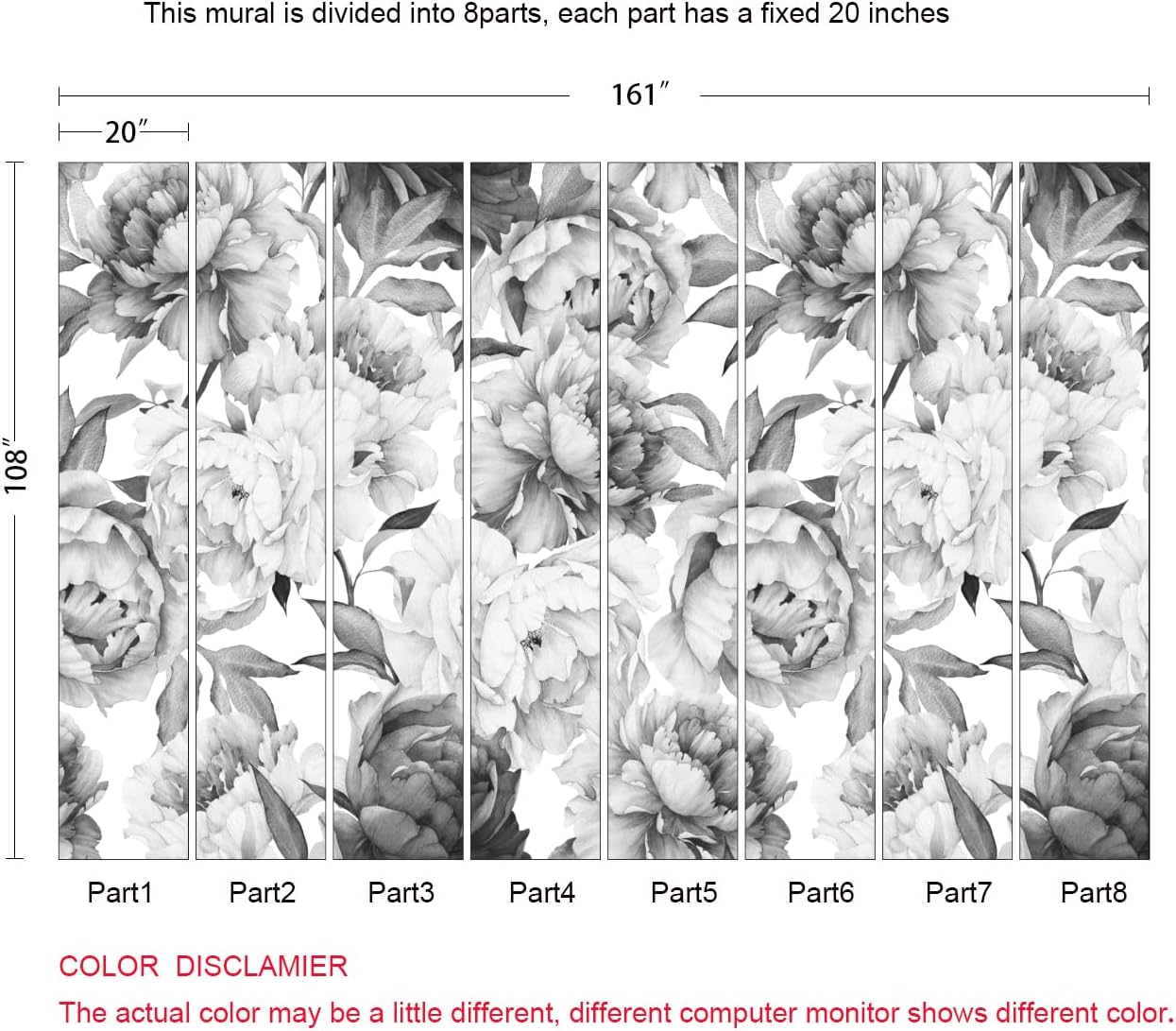 Gray Peonies Wallpaper Watercolor Floral Mural Wallpaper for Nursery(Not Peel n' Stick)