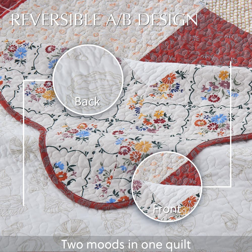 Cotton Bedspread Quilt Bedding Sets 3 Pieces Reversible Coverlet Sets Comforters Vintage Red White Rose Floral Patchwork Bedspread, Queen Size