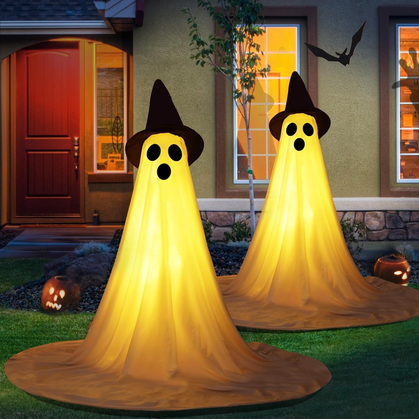 2 Packs Halloween Ghost Outdoor Decorations, 59” Light Up Ghost Decor with Remote Control, Adjustable Height Standing Halloween Lighted Ghost Kit with Witch Hat Ideal for Porch, Garden, Yard