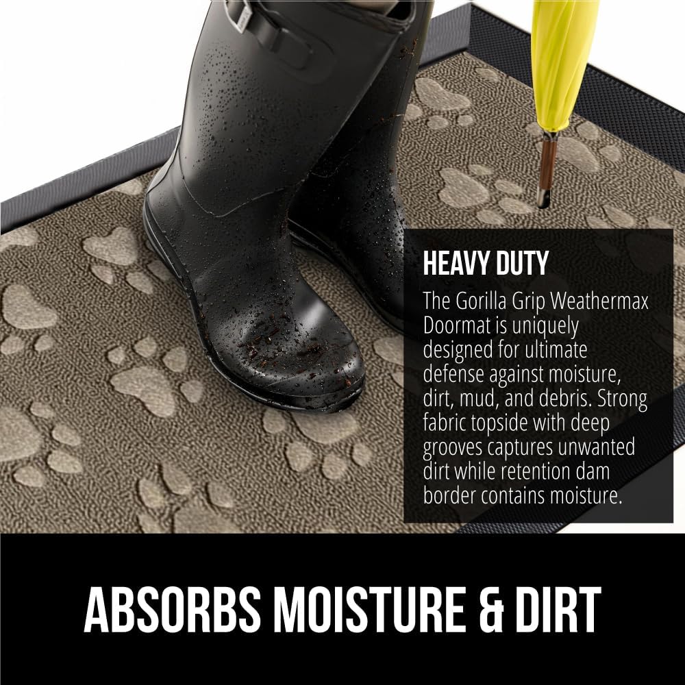 GORILLA GRIP 100% Waterproof All-Season WeatherMax Doormat 35x23, US Designed Natural Rubber, Stain and Fade Resistant, Low Profile Indoor Outdoor Door Mats, Easy Clean Patio Mat, Tan Pawprints