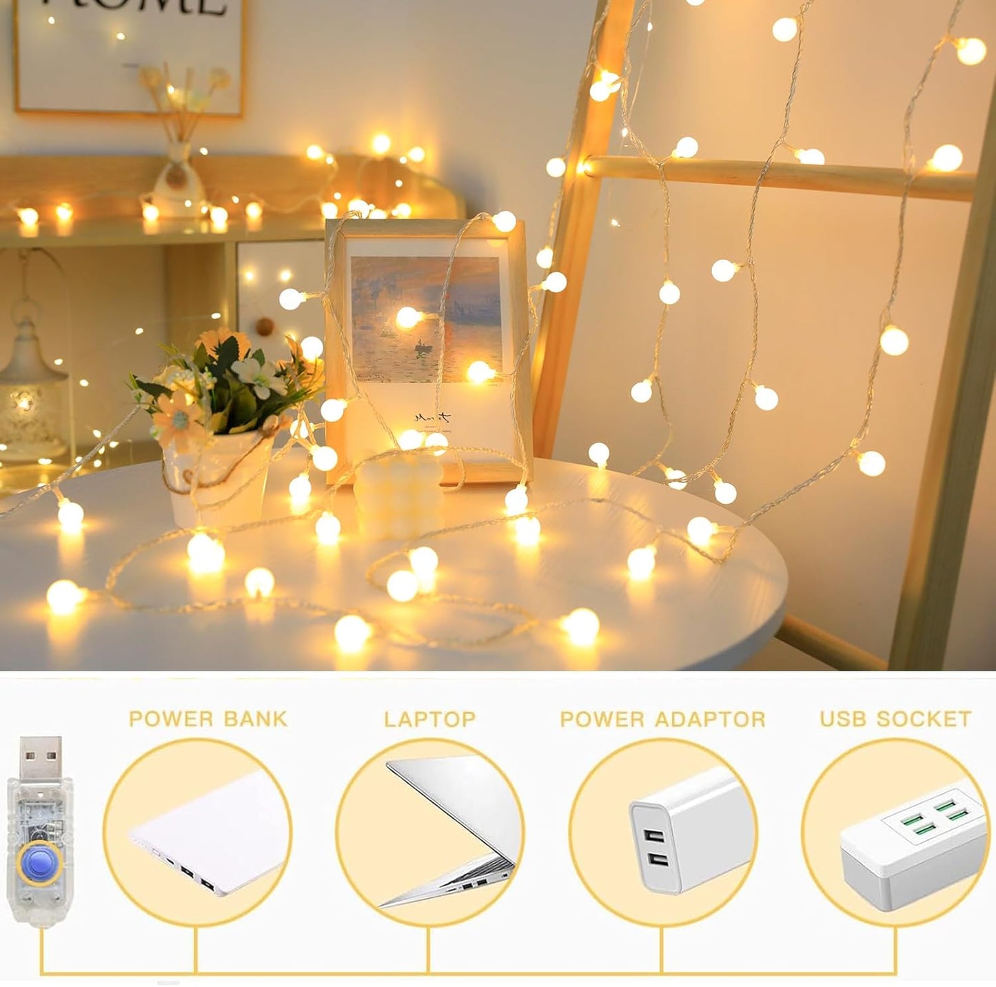 Globe String Lights 65.6 Ft. 120LEDs 8 Modes with Remote,USB Fairy Lights Plug in,Waterproof LED String Lights for Indoor Outdoor Bedroom Party Wedding Garden Christmas Tree Decor,Warm White