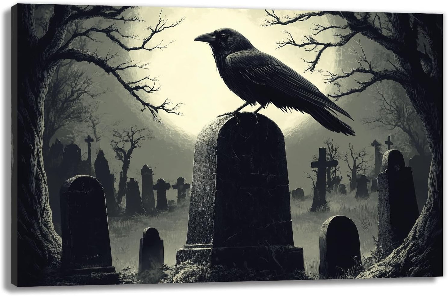 Crow Canvas Wall Art Gothic Black Bird On Branch Painting Print Spooky Forest Full Moon Scenery Poster Artwork Framed Halloween Home Decor(Artwork-3,24"x36")