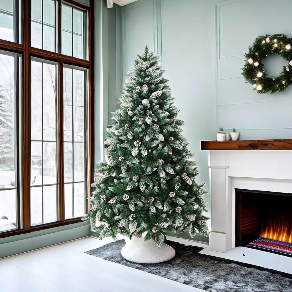 Artificial Christmas Tree 5/6/7/7.5 Foot Flocked Snow Trees with Pine Cone Decoration Unlit