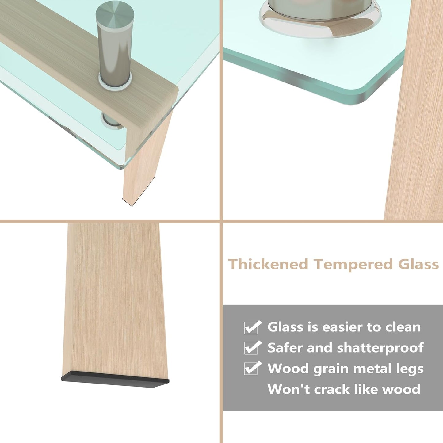 Glass Coffee Table Rectangle Living Room Center Table, 39inch Transparent Tempered Glass Tabletop and Beige Wood Grain Metal Legs, Beige + Clear Glass