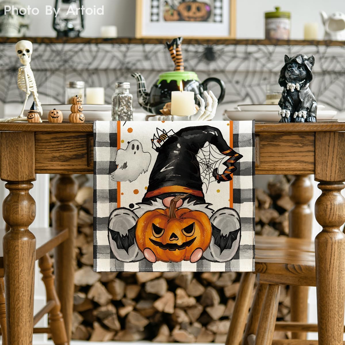 Artoid Mode Buffalo Plaid Gnome Bat Pumpkin Ghost Halloween Table Runner, Sensonal Kitchen Dining Table Decor for Home Party 13x36 Inch