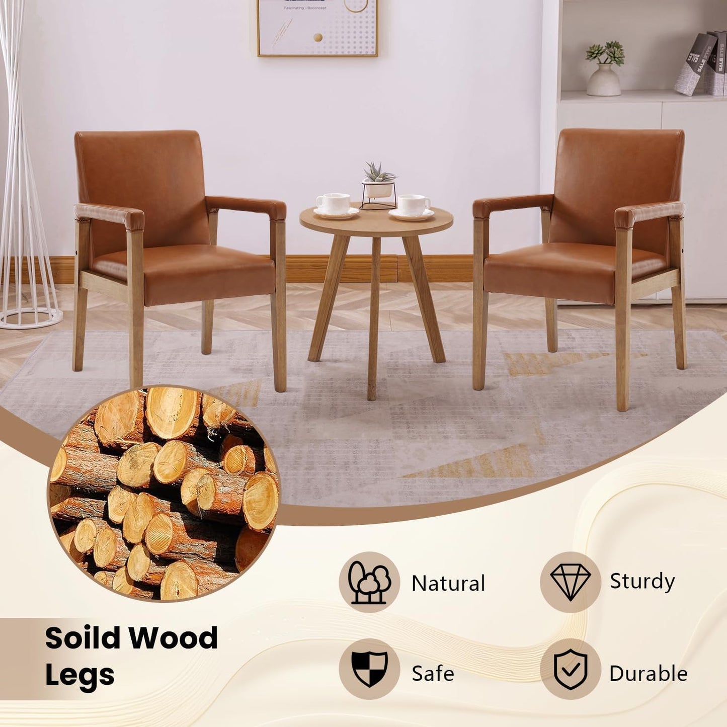 Kmax Modern Dining Chairs Set of 4 Faux Leather Kitchen Arm Chairs Upholstered Accent Chairs with Wooden Legs for Dining Room, Living Room, Bedroom, Brown