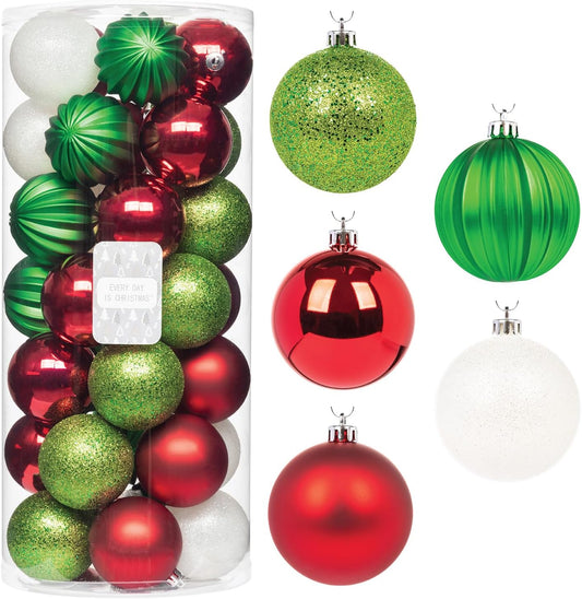 Every Day is Christmas Ornaments, Shatterproof Christmas Tree Ornament Set, Christmas Balls Decoration 35 Count (2.75"/70mm, Green Red White)