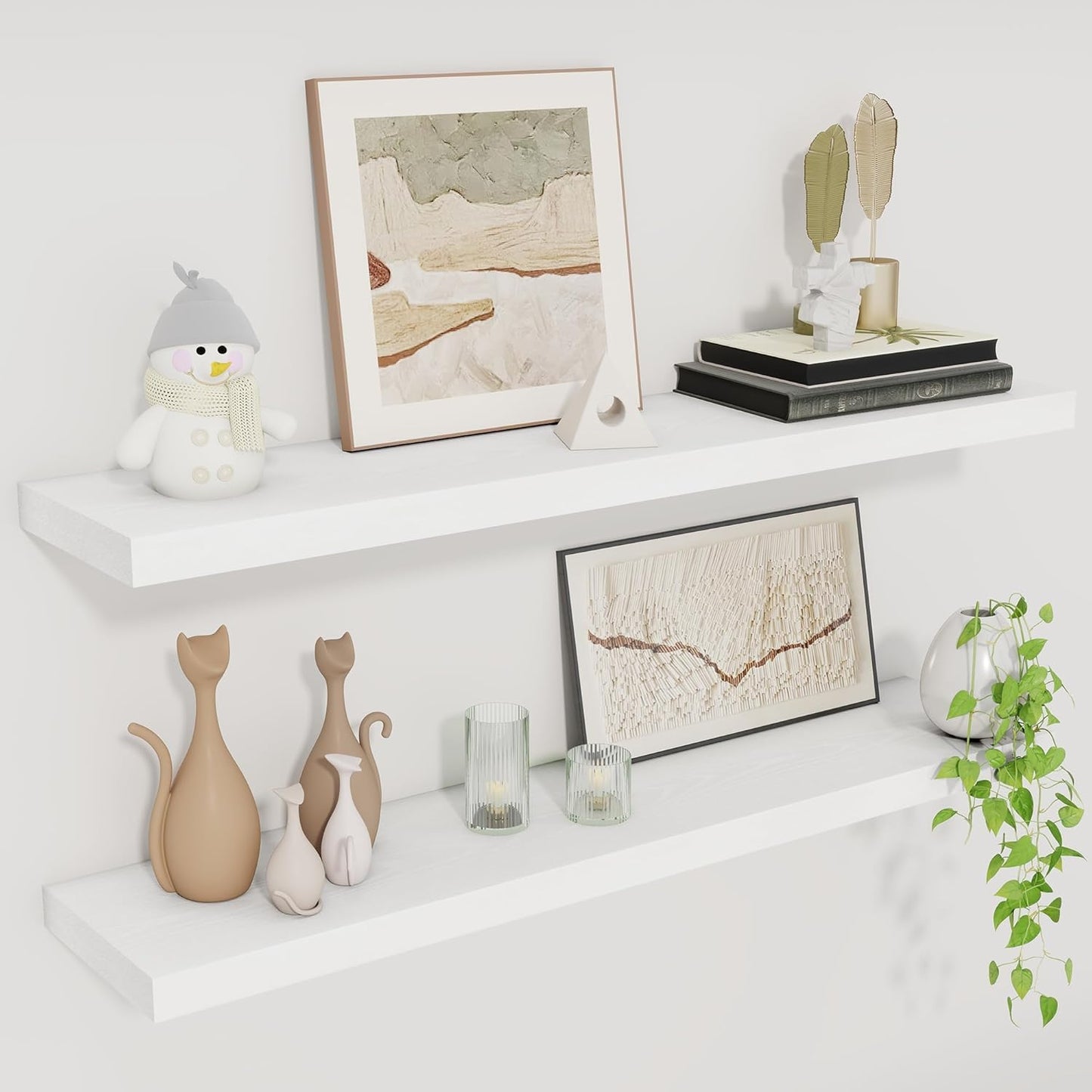 Fun Memories Floating Shelves for Wall, 30" Rustic Wood Deep Wall Mounted Shelves with Invisible Brackets for Decor & Storage, Floating Shelf for Living Room, Bathroom (White, Set of 2)