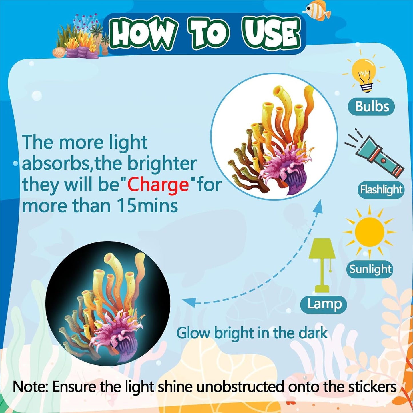 Glow in The Dark Under The Sea Wall Decals, Coral Reef and Seaweed Undersea Ocean Wall Stickers Luminous Removable Underwater Sea Wall Stickers for Kids Boys Bedroom Watercolor Ocean Creatures Decor