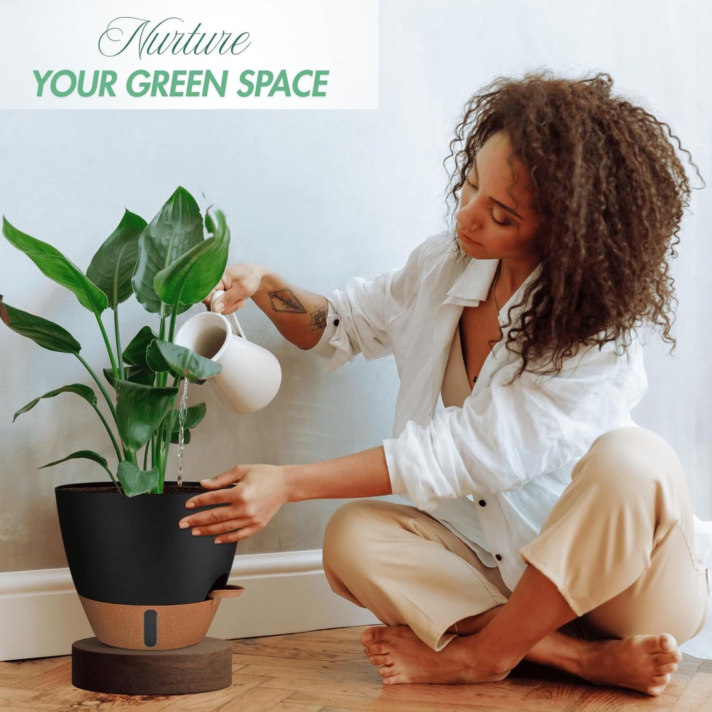 2 Pack 10 inch Plant Pots, PP Plastic Self Watering Plant Pot with Drainage and Tray for Indoor Outdoor Plants , Water Level Window & Reservoir Flower Pots Decorative Planter (Black, 10 Inch)