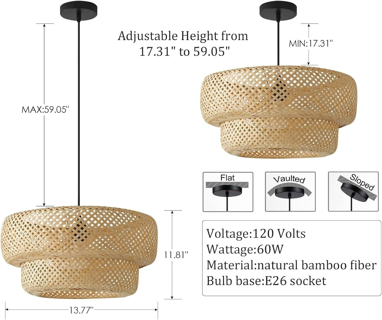 Bamboo Pendant Light,Boho Rattan Hanging Light,13.8" Hand Woven Wicker Chandelier for Kitchen Island for Kitchen Island Dining Bedroom Living Room Restaurants
