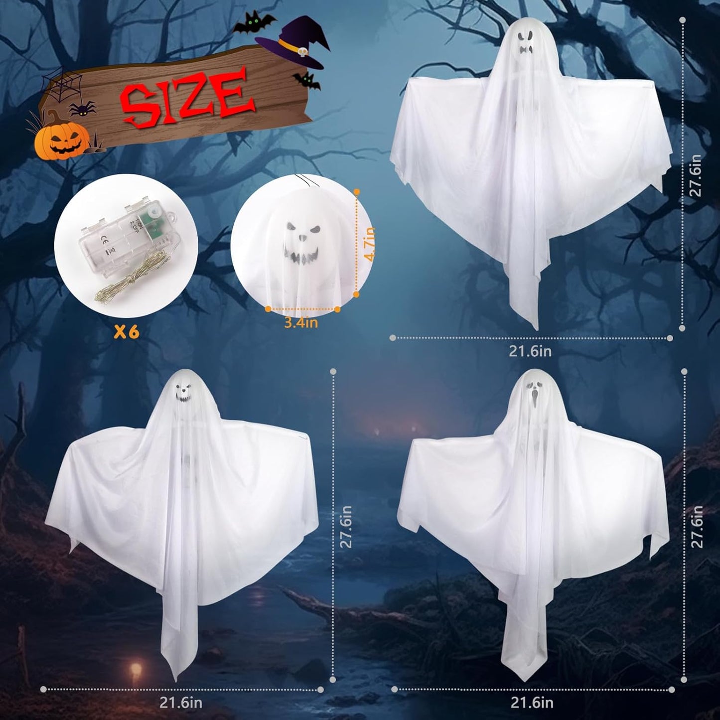 6 Pack Halloween Hanging Ghost Decorations with Lights, 27.5 Inch LED Light-Up Spooky Ghosts Indoor Outdoor Ornaments, Halloween Flying Hanging Ghosts for Haunted House Prop, Front Yard Patio Party
