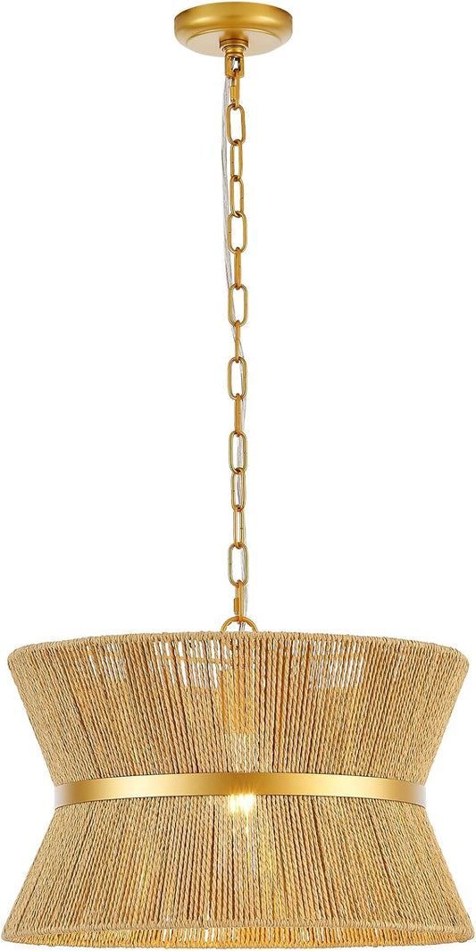 18” Hand Woven Rattan Boho Chandelier Brass Ajustable Pendant Light for Kitchen Island Living Room Bedroom Hallway, UL Listed