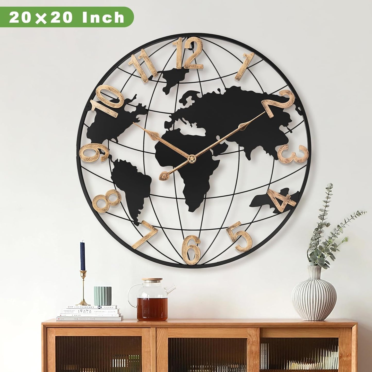 20 Inch Large Wall Clock for Living Room Decor,Big Modern Decorative Silent Metal World Map Wall Clock with Vintage Gold Arabic Numeral for Office,Living Room,Kitchen,Dining Room