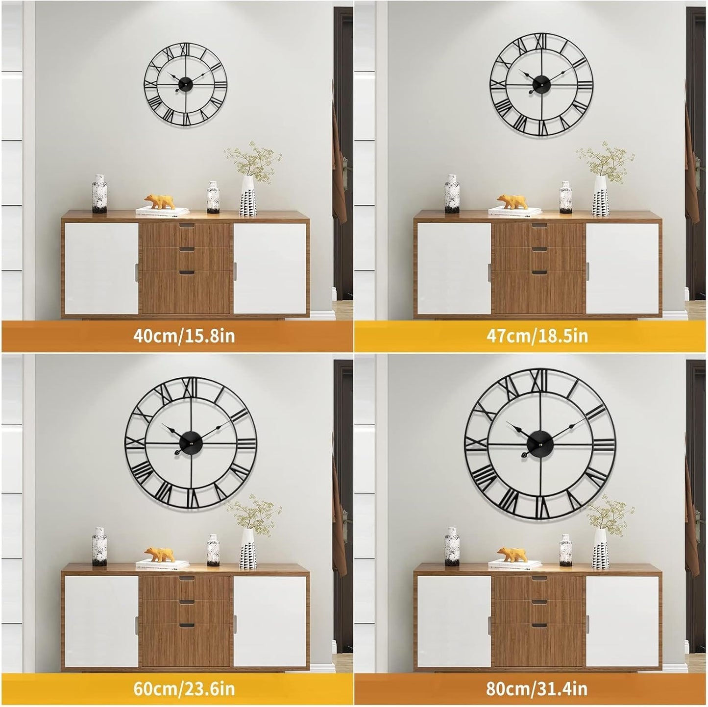 1st owned Large Wall Clock Silent Non-Ticking Roman Numerals Vintage Battery Operated (24 inch,18inch,16inch) Farmhouse Wall Clock for Living Room, Bedroom, Kitchen, Cafe Decor-Black 47CM