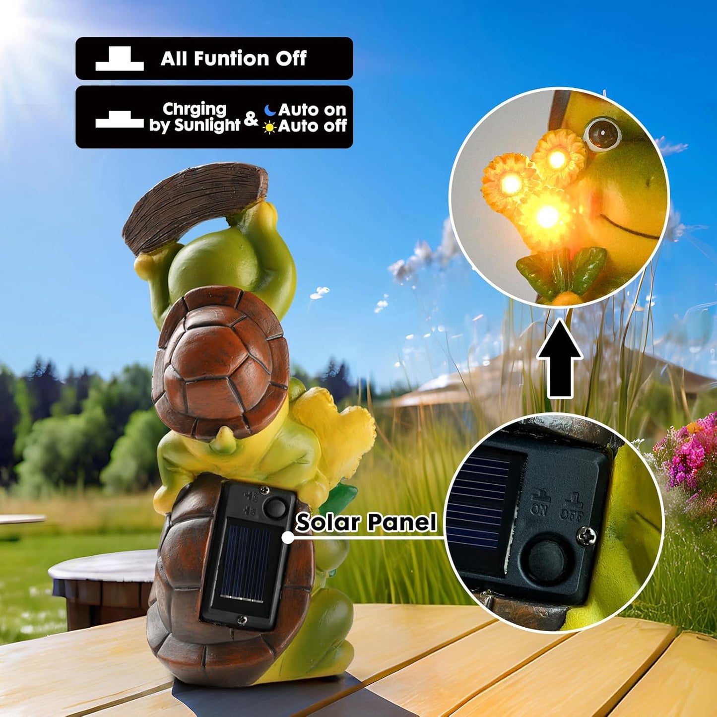 Garden Turtle Outdoor Statues, Solar Garden Statue Two Sweet Frog Face Turtles Decor with 3 LED Lights, Unique Art Resin Gifts for Patio Lawn Porch Yard