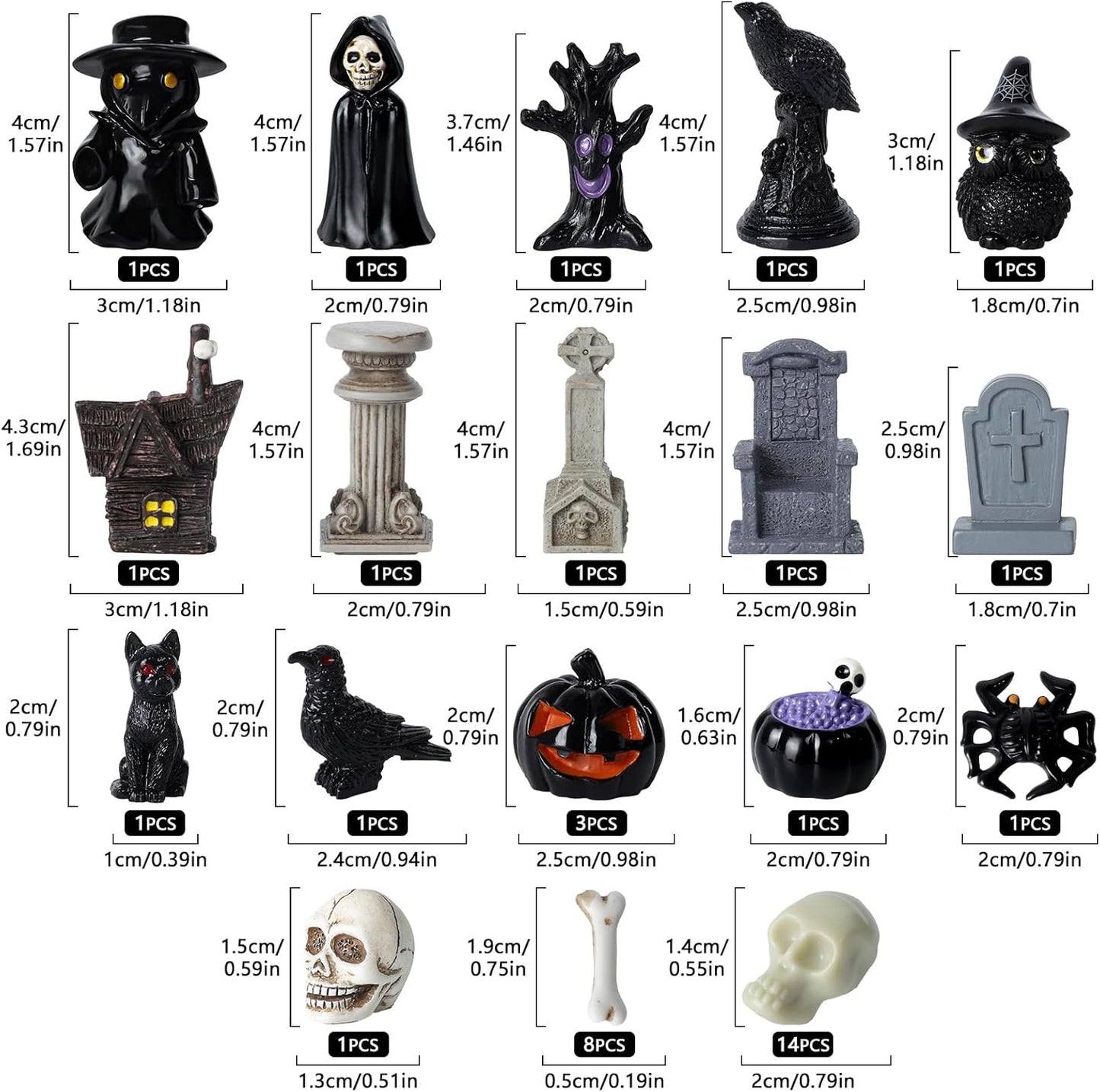 40Pcs Halloween Miniatures for Crafts Mini Figurines Skull Heads Resin Tombstones Skeleton Ornaments Halloween Fairy Garden Decor Horror Village Collections Dollhouse Accessories Decor ﻿