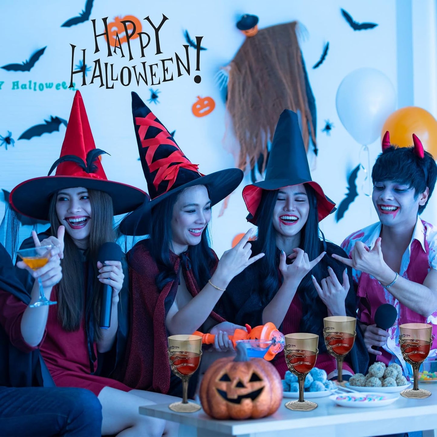 Dandat 6 Pcs Halloween Skeleton Hand Goblets 12oz Clear Plastic Halloween Cups Skull Wine Glass Set for Creepy Spooky Party Decorations (Black)