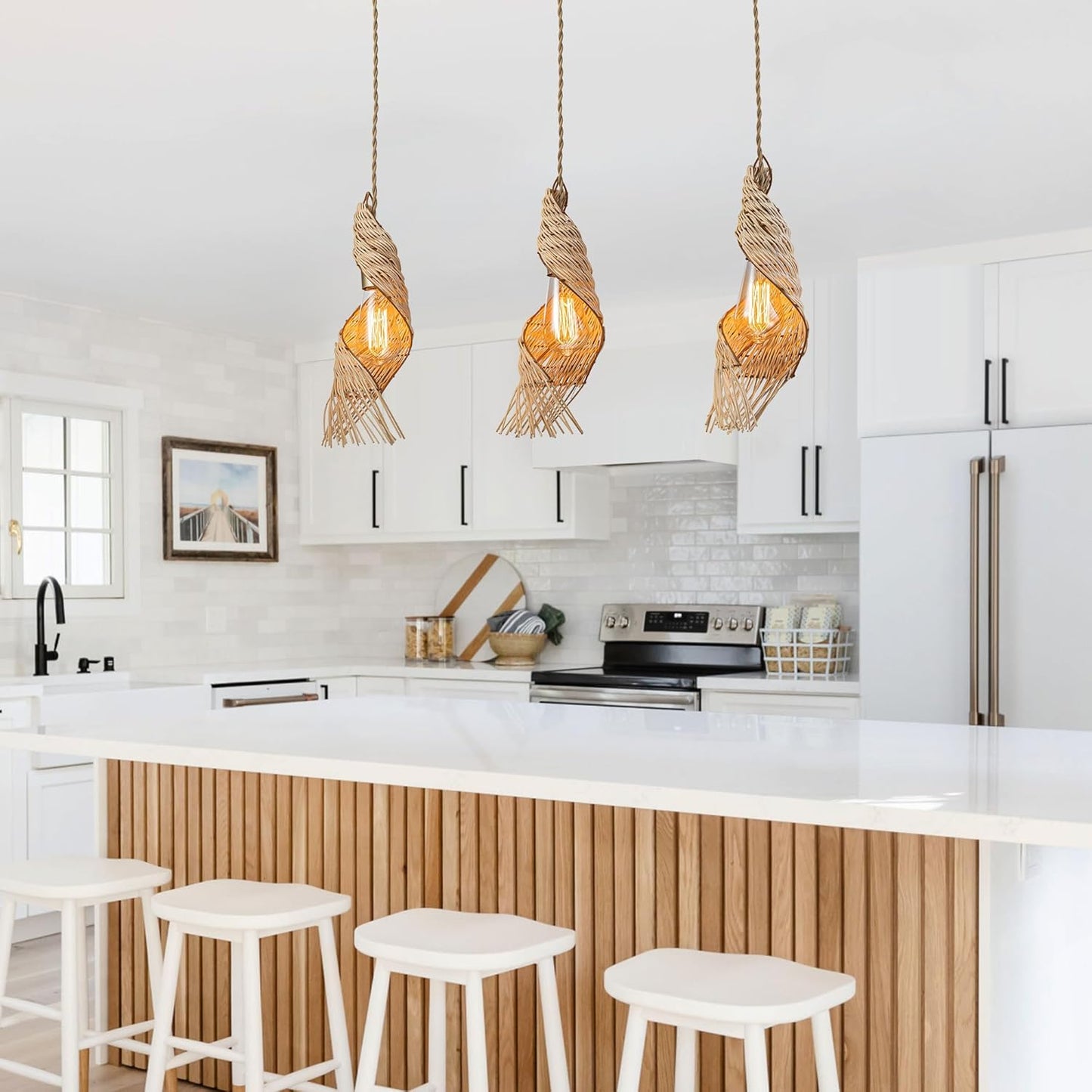 3-Light Modern Rattan Kitchen Island Pendant – Handmade Boho Ceiling Lamp – Spiral Woven Farmhouse Lighting 24" Wide