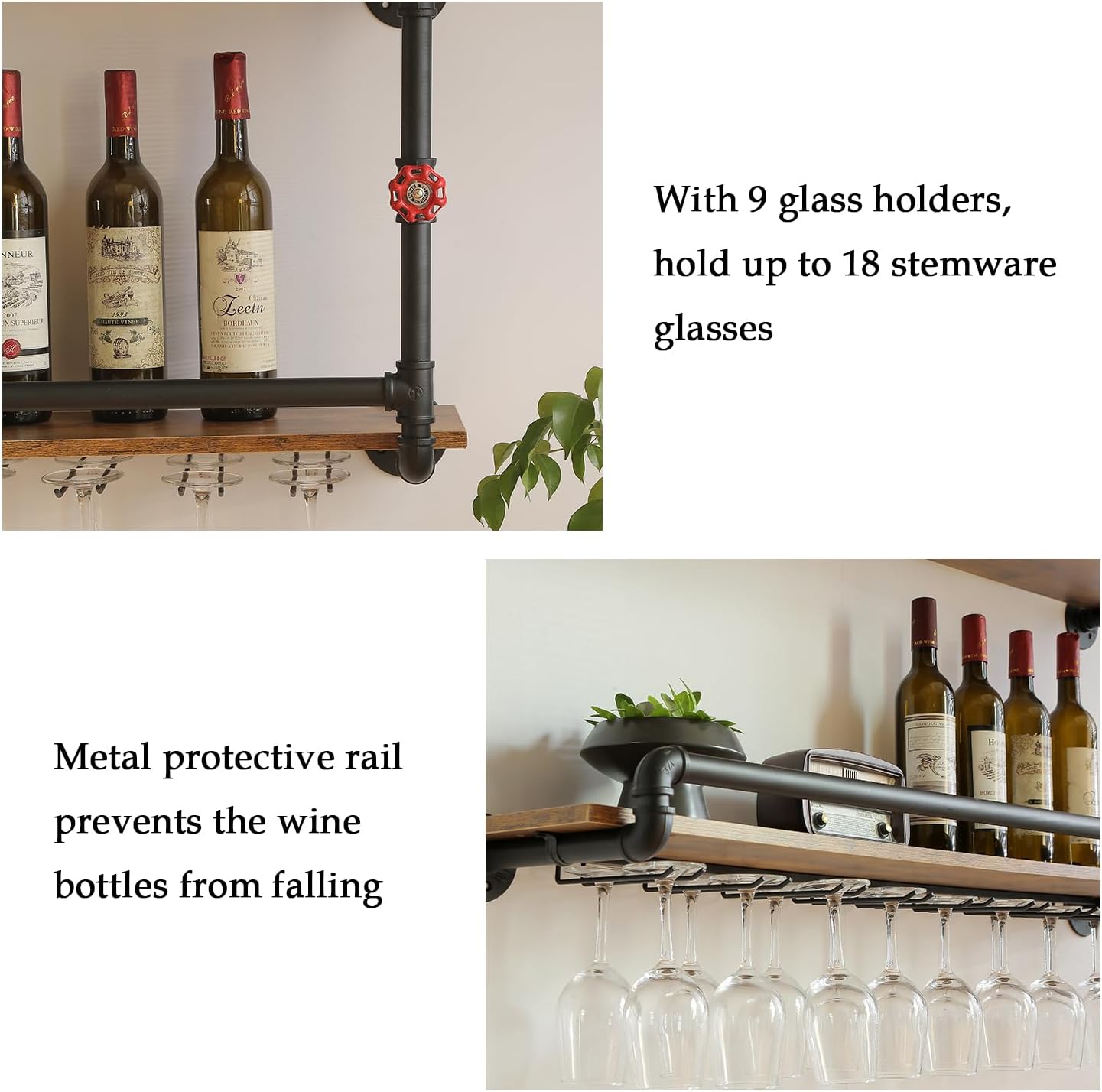 41 Inch Wine Rack Wall Mounted 2 Tier, Hanging Floating Bar Liquor Shelves with Glass Holder Storage Under, Industrial Rustic Pipe Farmhouse Kitchen Decor Black