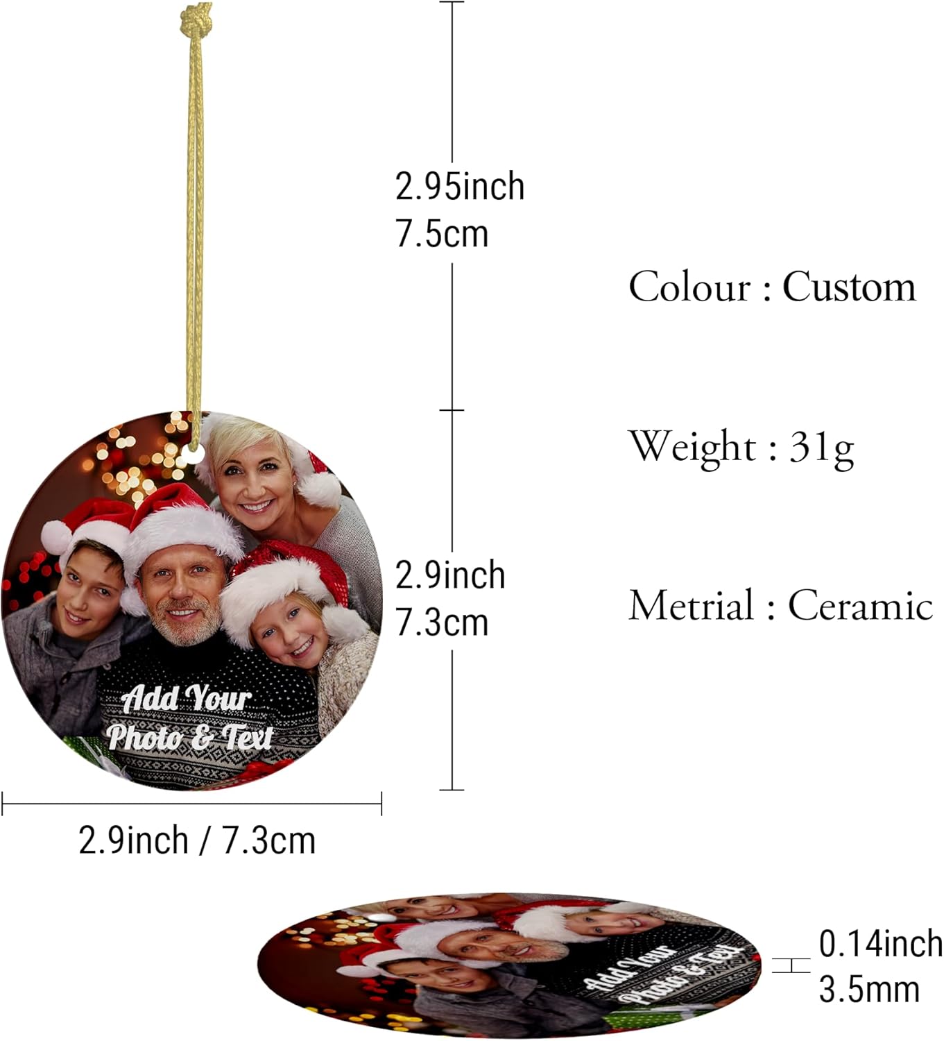 Custom Picture Christmas Ornaments Personalized Double-Sided Photo Ornament 2025 Home Decor Christmas Tree Hanging Decoration Memorial Gifts for Couples Family (Round-Ceramic)