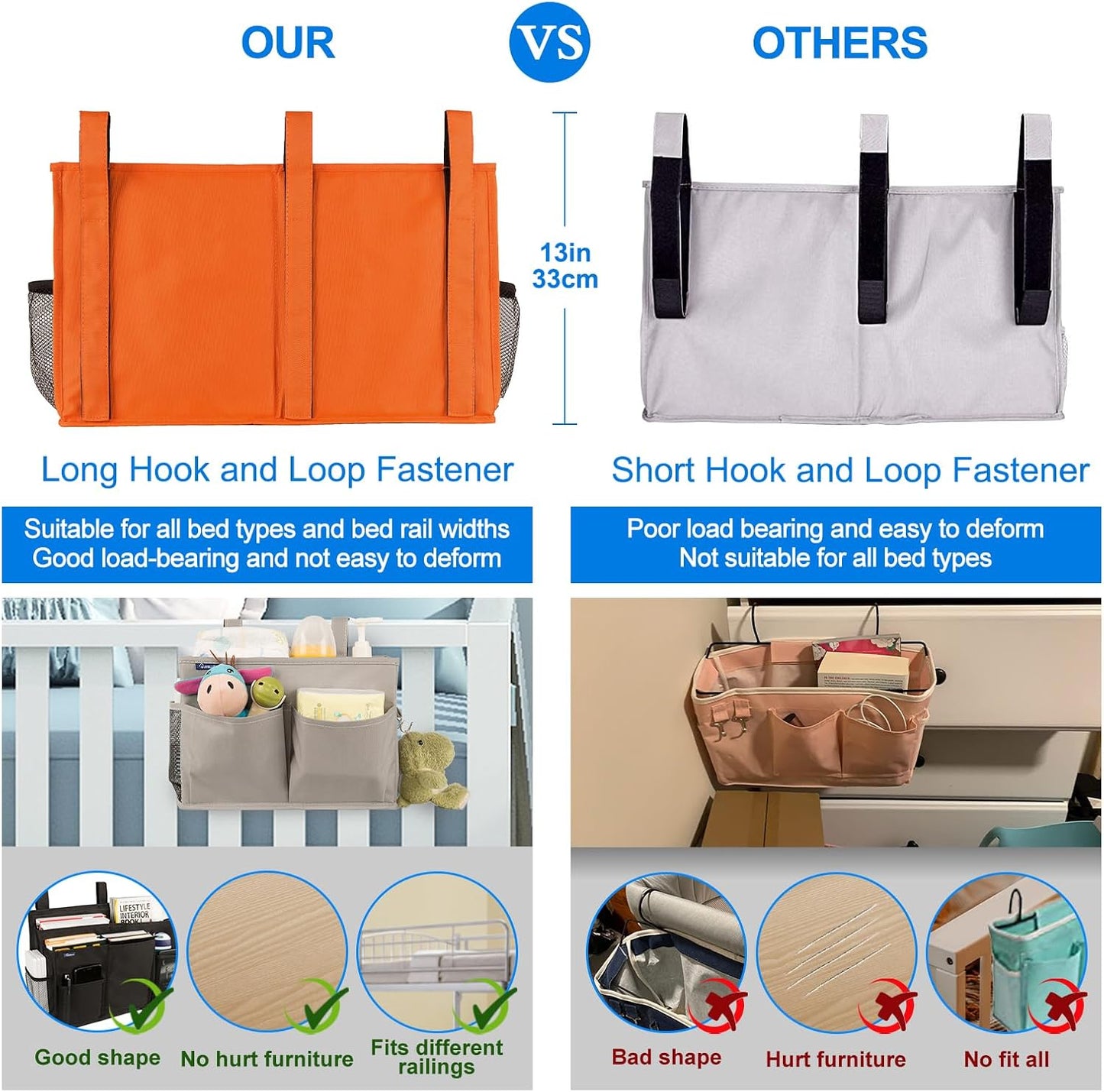 Surblue Caddy Hanging Organizer Bedside Storage Bag for Bunk and Hospital Beds, Orange, L