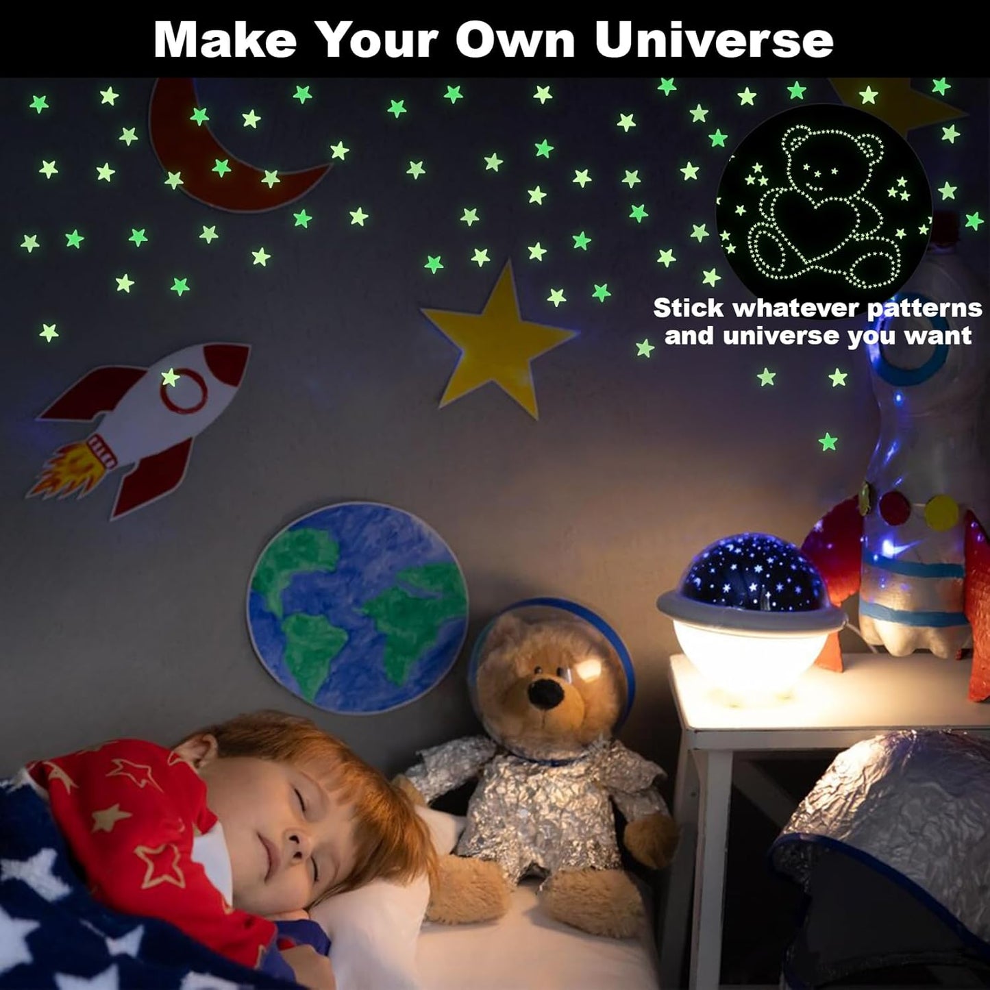 200 Glow in The Dark Stars for Ceiling - Glowing Stars and Moon Stickers Estrellas que brillan en la oscuridad para el techo de cuarto Plastic Space Galaxy Decals Bedroom Wall Decorations