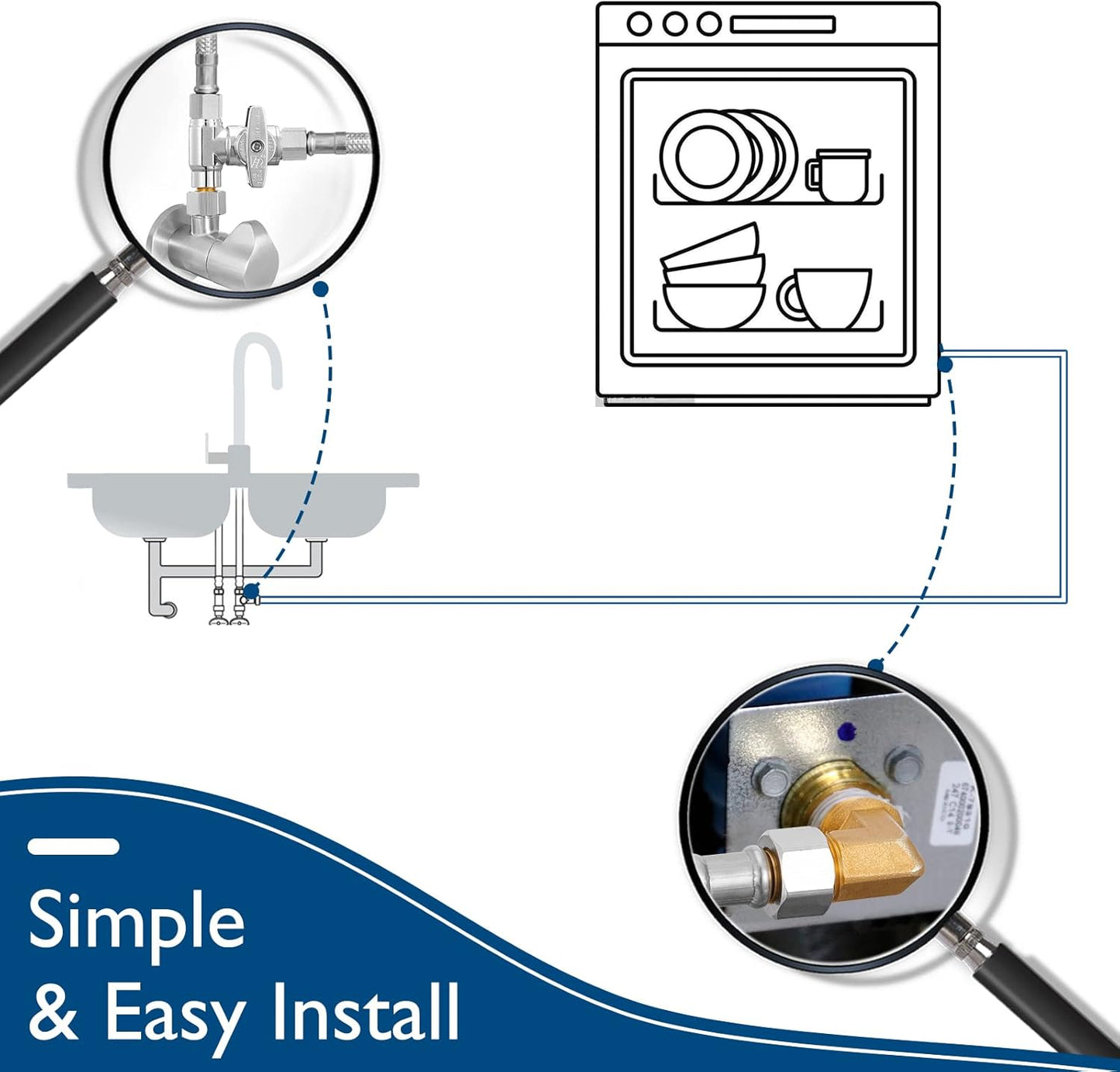 Dishwasher Installation Kit - 6 FT Stainless Steel Braided Dishwasher Hose kit,Food Grade PEX Inner Tube Water Line with 3/8"x 3/8"x 3/8" Tee Stop Valve,3/8"x 3/8"MIP Elbow,3/8"x 3/4"FHT Elbow