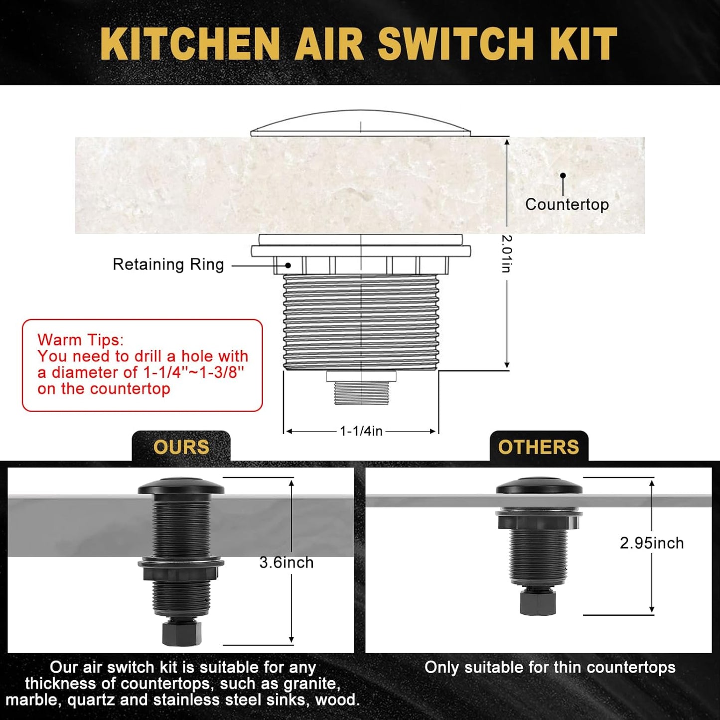 Garbage Disposal Air Switch Kit, Garbage Disposal Button, Sink Top Waste Disposer On/Off Switch, Matte Black (Stainless Steel Cover), UL Listed Air Switch Compatible with All Garbage Disposals