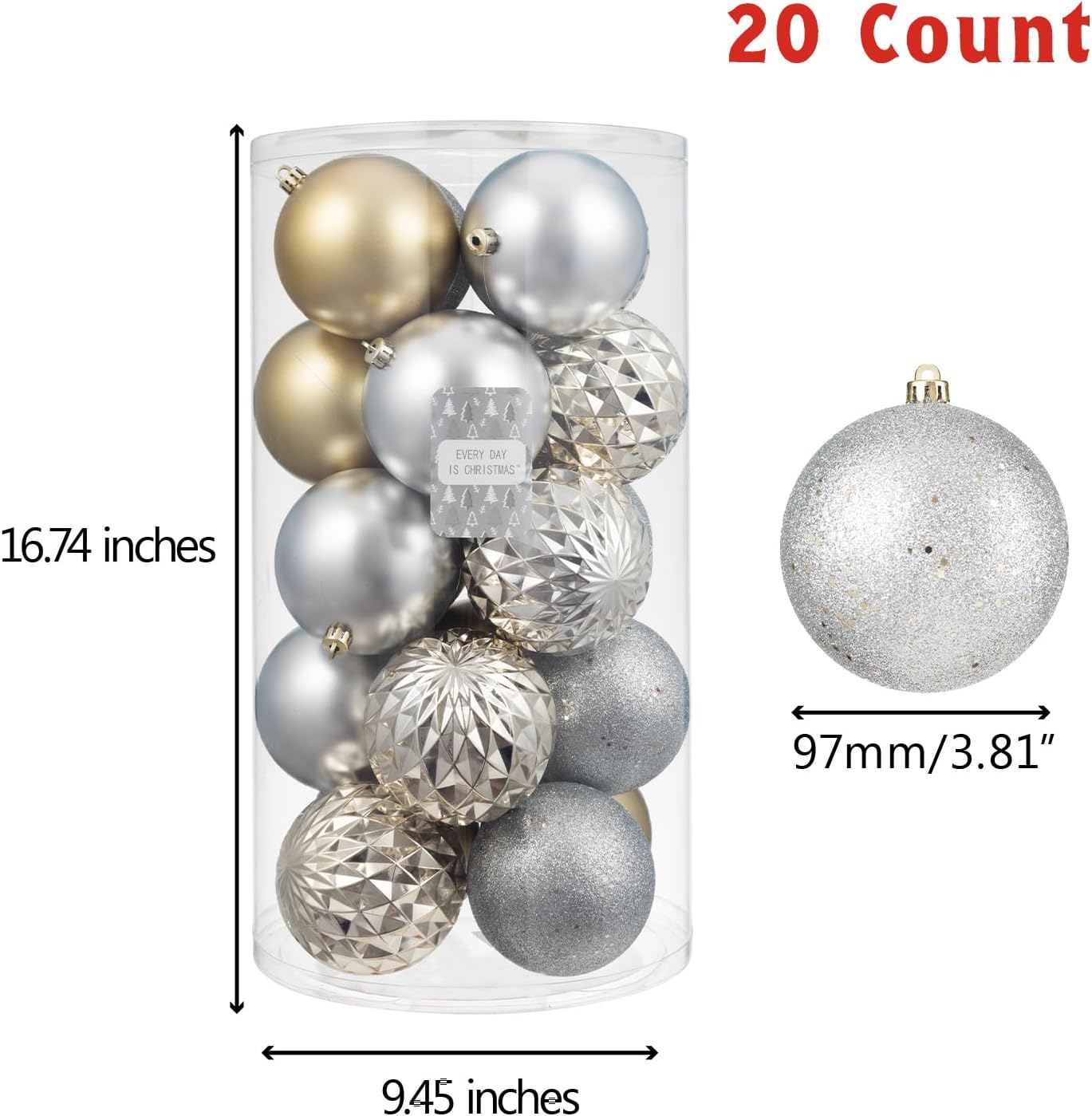 Every Day is Christmas 20ct Christmas Ornaments, Shatterproof Christmas Tree Ornaments Set, 92cm/3.6" Christmas Balls Decoration