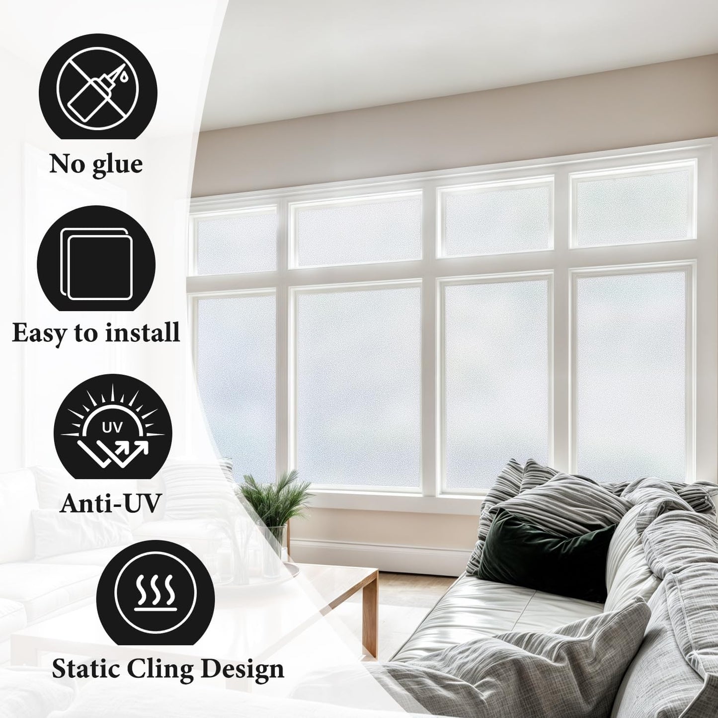 DUOFIRE Privacy Window Film Natural Frosted Glass Film Static Cling Glass Film No Glue Anti-UV Window Sticker Non Adhesive for Privacy Office Meeting Room Bathroom Living Room 47.2in. x 78.7in. S001