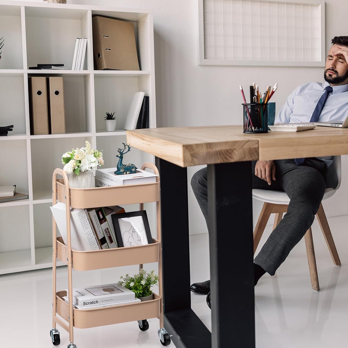 AGTEK Makeup Cart, Movable Rolling Organizer Cart, 3 Tier Metal Utility Cart with Lockable Wheels for Home & Office, Milk Tea