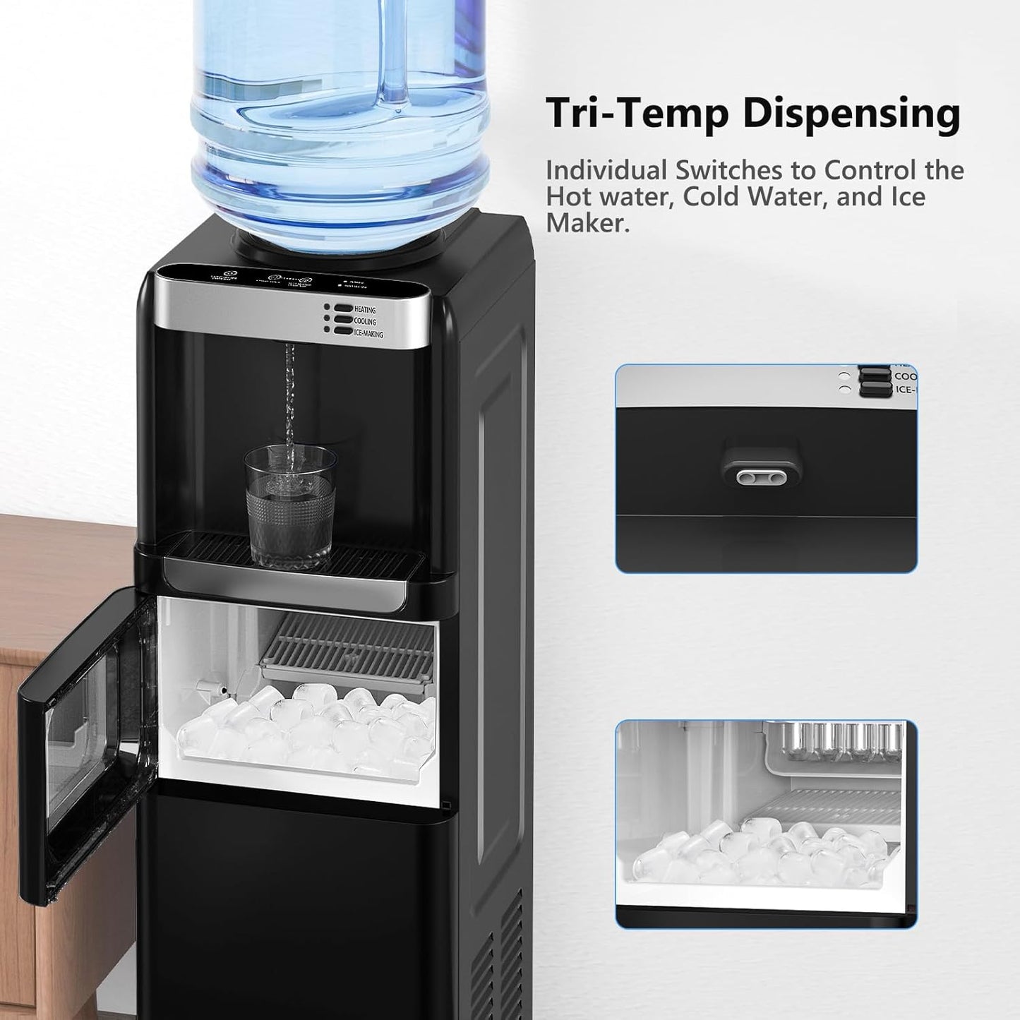 Water Dispenser with Ice Maker Function, Top Loading Hot and Cold Water Cooler for 5 Gallon Bottle - Includes Child Safety Lock - Water Machine for Home, Office, Garage - Black