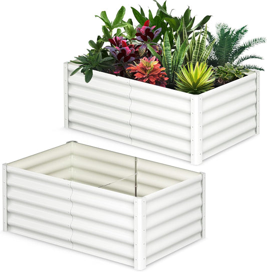 Galvanized Raised Garden Bed Outdoor, 2 Pcs 6x3x1.5FT Outdoor Large Planter Raised Beds Open Base with Safety Edge and Glove for Vegetables Flowers Ground Planter, White