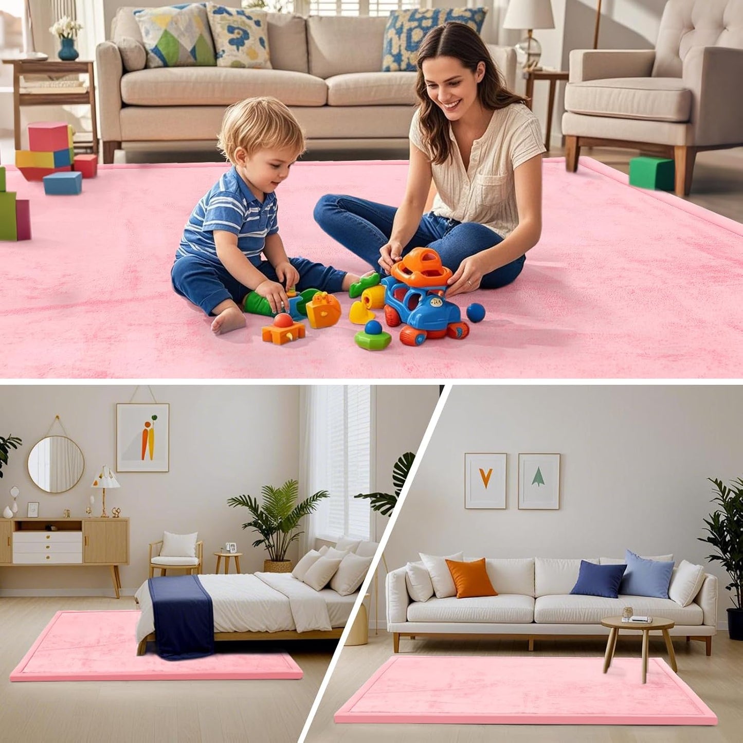 ACOMOPACK Baby Play Mat for Floor,1.3" Thick Memory Foam Area Rug for Living Room,Soft Velvet Crawling with Non-Slip Bottom for Kid,Toddler,79"×157" Tummy Time Nursery Rugs,Yoga（Pink）