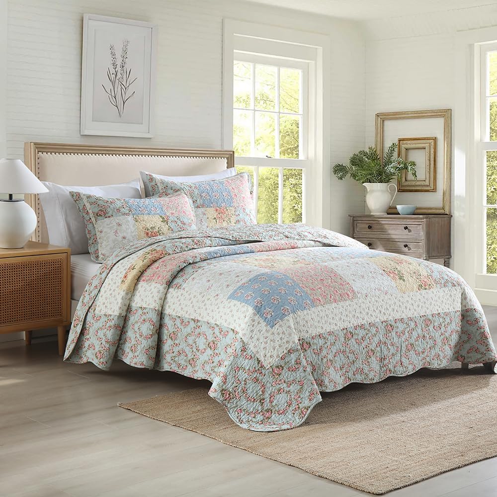 Cotton Bedspread Quilt Bedding Sets 3 Pieces Reversible Coverlet Sets Comforters Green Rose Floral Patchwork Bedspread, Queen Size