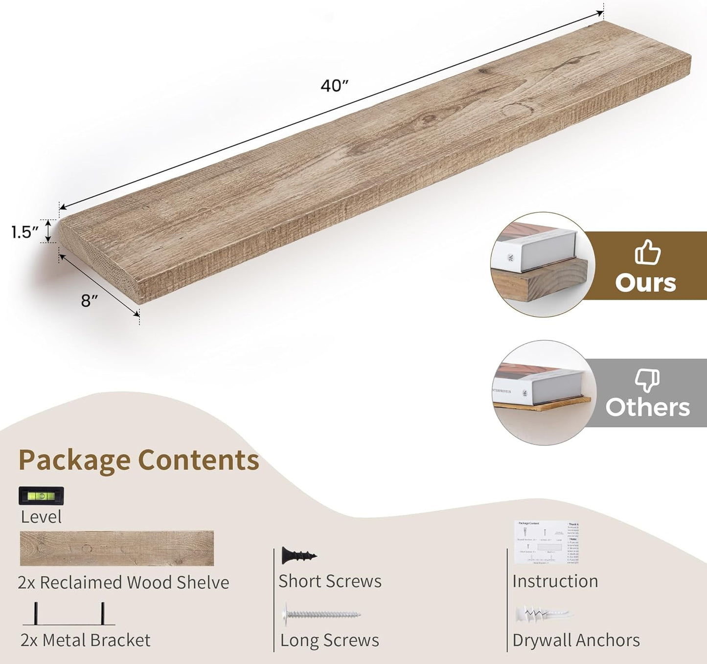 Floating Shelves Reclaimed Barnwood, 8" Deep Solid Wood Floating Shelf Wall Hanging Shelves with Invisible Heavy-Duty Metal Bracket | Wall Mounted | Farmhouse Style | 40 inches,2PCS,Natural