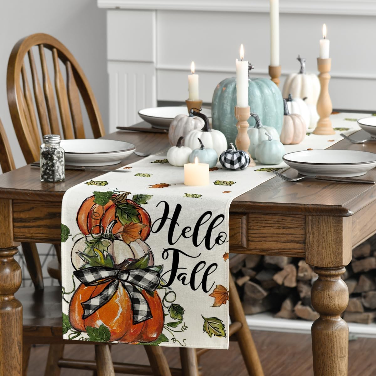 Artoid Mode Pumpkins Bowknot Maple Leaf 210 GSM Fall Table Runner, Seasonal Autumn Kitchen Dining Table Decoration for Home Party Decor 13x90 Inch