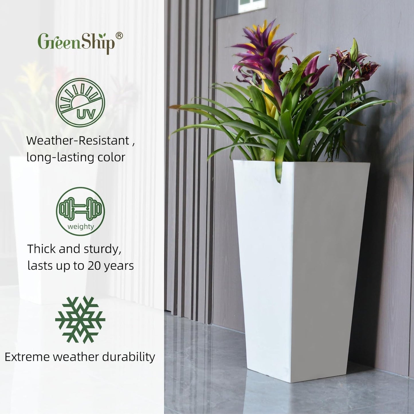 GreenShip 27" Tall Planters, Set of 2 – Black Outdoor Planter for Front Porch & Tall Plants, Weather-Resistant, with Drainage Hole & Rubber Plug (No Plants Included) (White-2pcs)