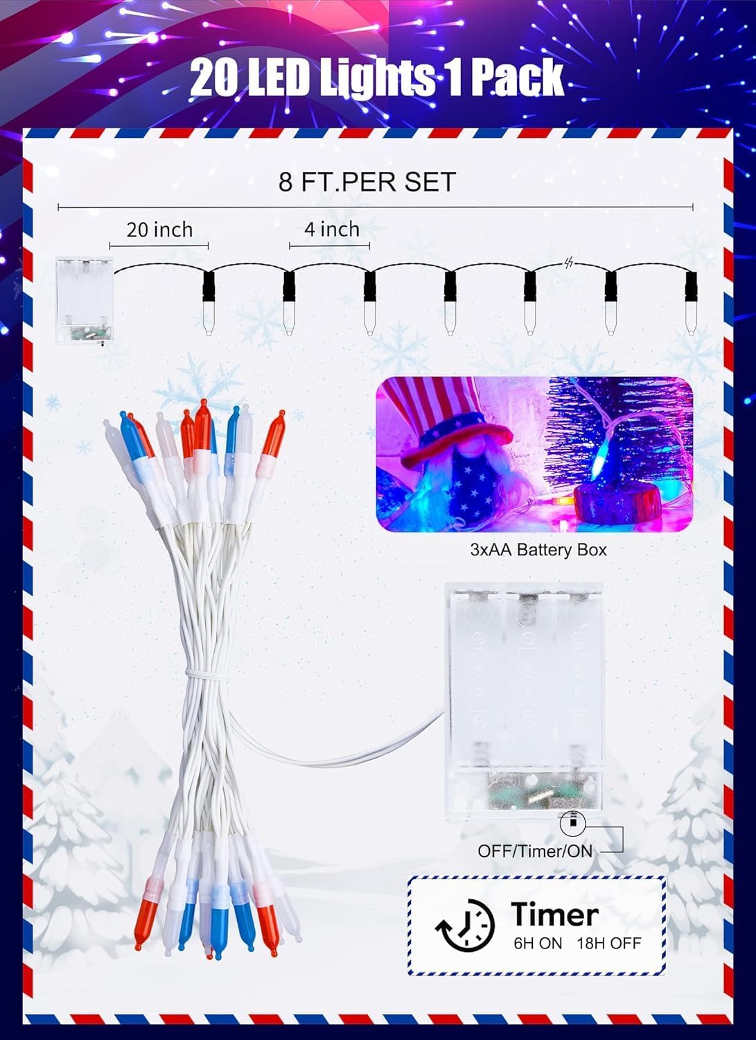 Battery Operated Independence Day String Lights - 8ft 20 LED 4th of July Decoration Patriotic Mini Lights with Timer, Waterproof for Indoor Outdoor Bedroom Wedding Party Holiday（Red White Blue）