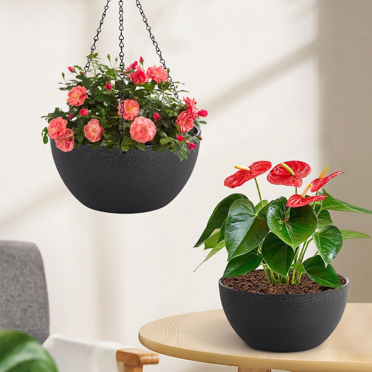 12 inch Hanging Planters for Indoor Plants, 2 Pack Planters for Outdoor Plants with Drainage Holes and Chain, Round Plastic Hanging Baskets, Hanging Flower Pots for Balcony Garden Decor-Black