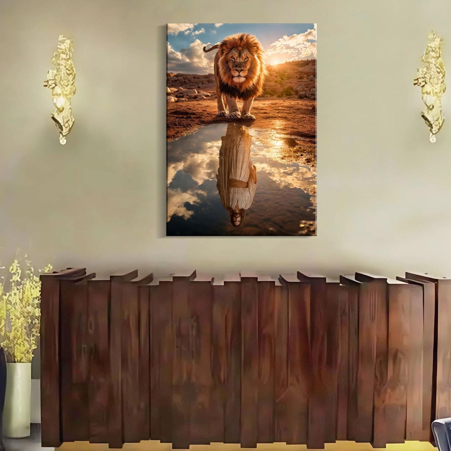 Framed Canvas Wall Painting Lion and Jesus Reflection Religious Poster Inspirational Faith Gallery Picture Print for Living Room and Bedroom Decor 24x36 Inch Ready to Hang