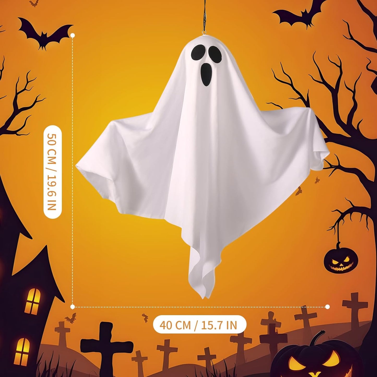 4Packs Hanging Ghosts Halloween Decor, LED Light Up Halloween Ghost Decorations, Spooky Cute Ghost Ornaments for Home Tree Garden Front Porch Yard Fall Party Holiday Decoration Outdoor 19.6", White