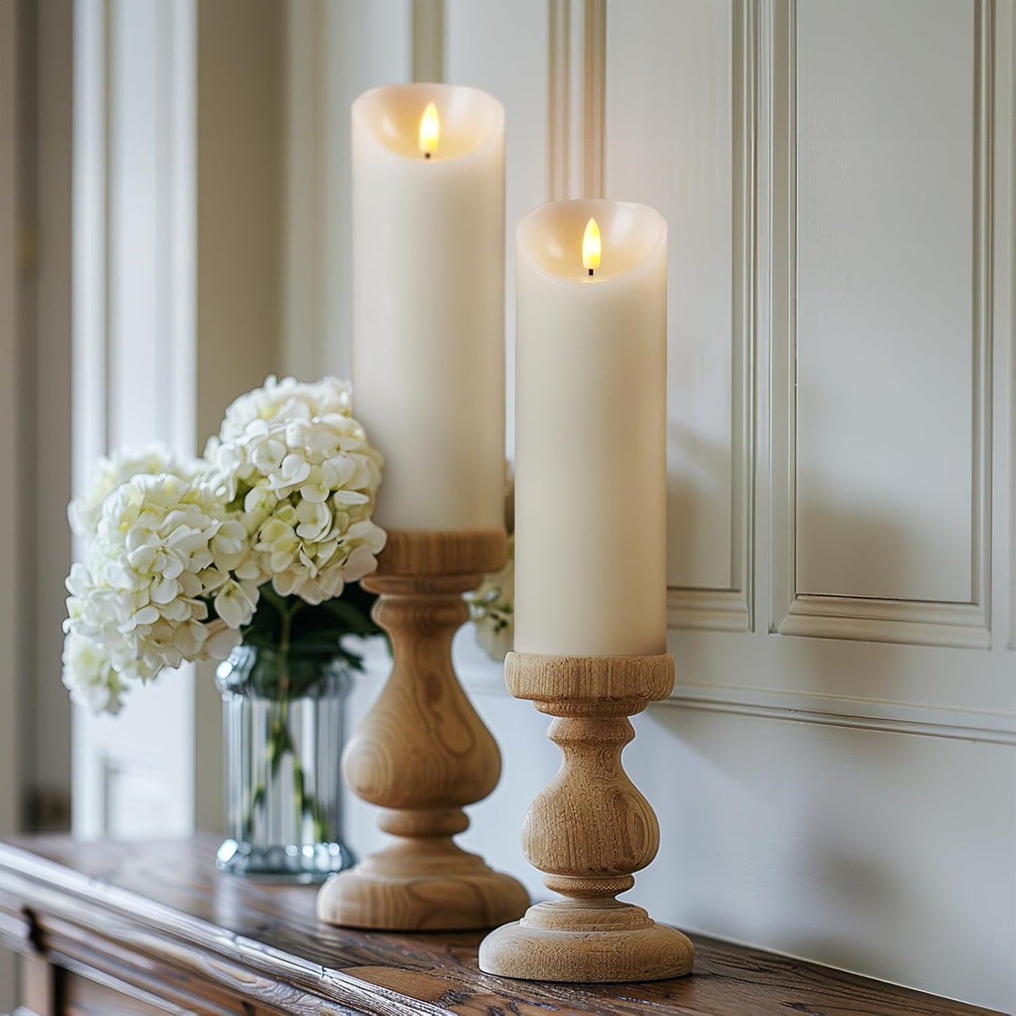 5plots 9" x 3" Flickering Flameless Candles - Battery Operated Wax LED Candles - Amber Yellow Light with Remote and Timers Set of 2, Ivory, for Home Decor, Candle Sconces