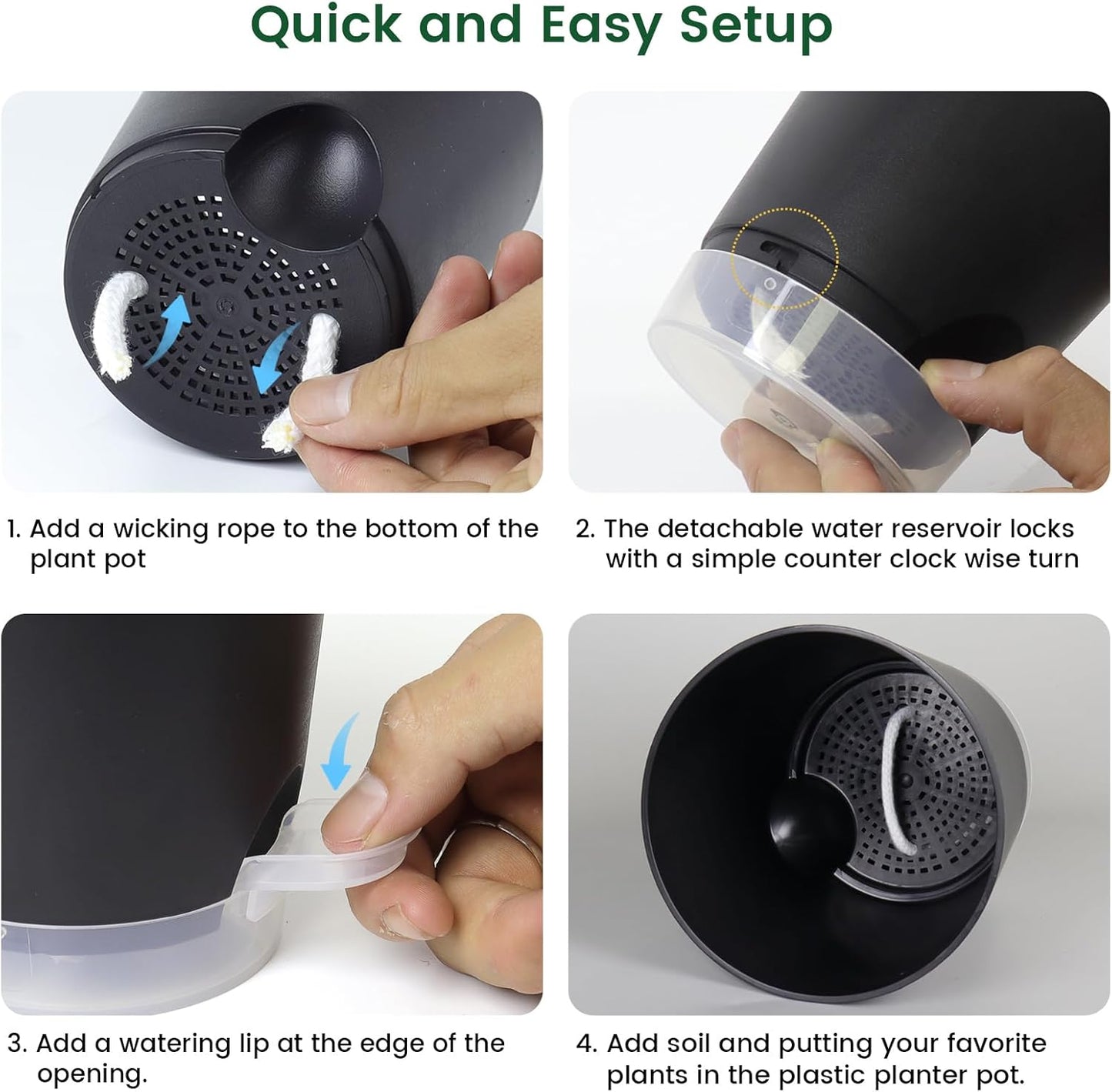 6 inch Self Watering Pots for Indoor Outdoor Plants, 3 Pack Flower Plant Pots with Drainage Holes and Clear Reservoirs, Visible Water Level, Plastic Planters with Wicking Rope, Black