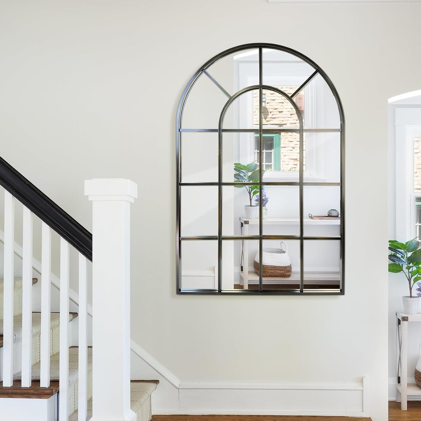 Arched Windowpane Wall Mirror 30"x40" Bronze Wall Mounted Art Pane Mirror Farmhouse Decorative Mirror Leaning Hanging Wall Mirror for Bedroom Living Room Entrance Hallway Wall Decor