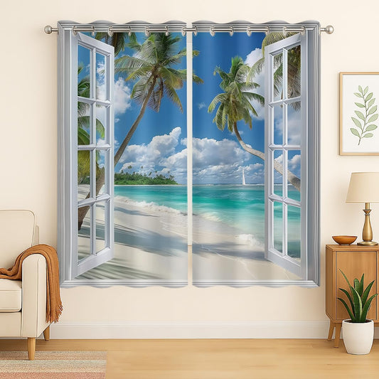Beach Blackout Curtains for Girls Boys Teens Home Decor, Tropical Summer Scene Ocean Island Palm Tree Grommet Thermal Insulated Drapes Darkening Window Curtain for Bedroom Living Room, 63 x 63 Inch
