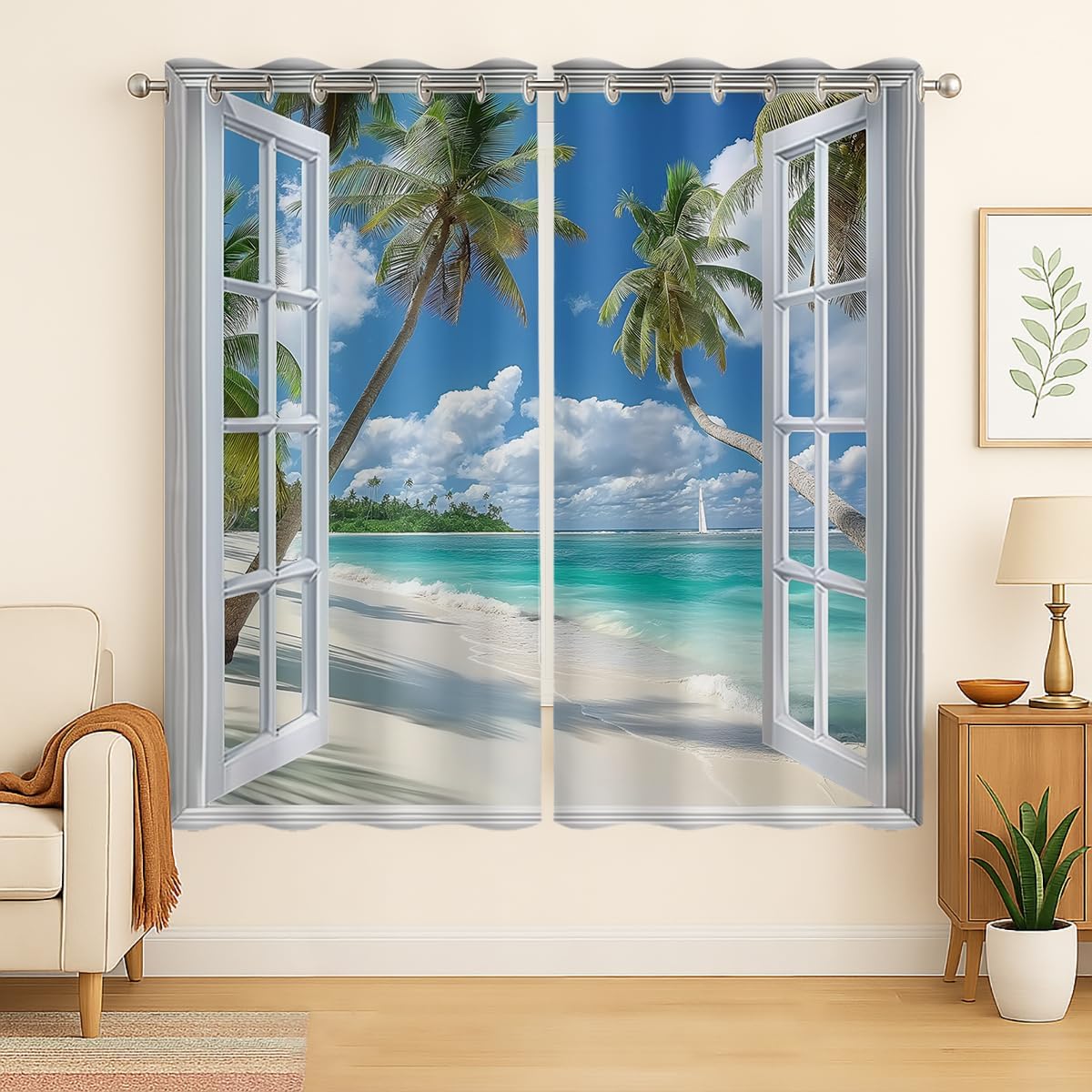 Beach Blackout Curtains for Girls Boys Teens Home Decor, Tropical Summer Scene Ocean Island Palm Tree Grommet Thermal Insulated Drapes Darkening Window Curtain for Bedroom Living Room, 42 x 45 Inch