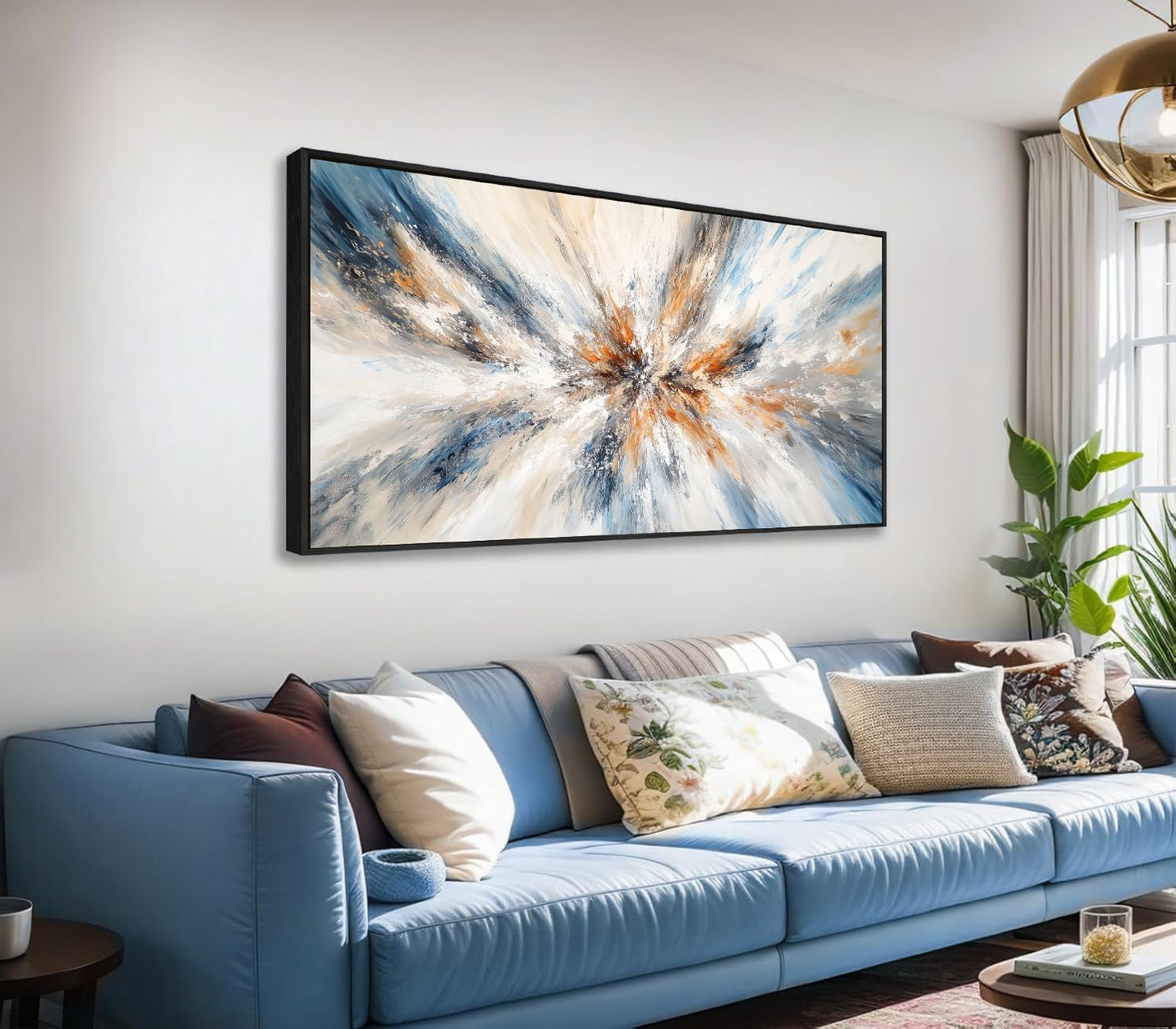 Abstract Painting Wall Art Small Size Framed Canvas Prints 20" x 40" Blue and Orange Abstract Modern Minimalist Living Room Decor for Bedroom Office Wall Décor