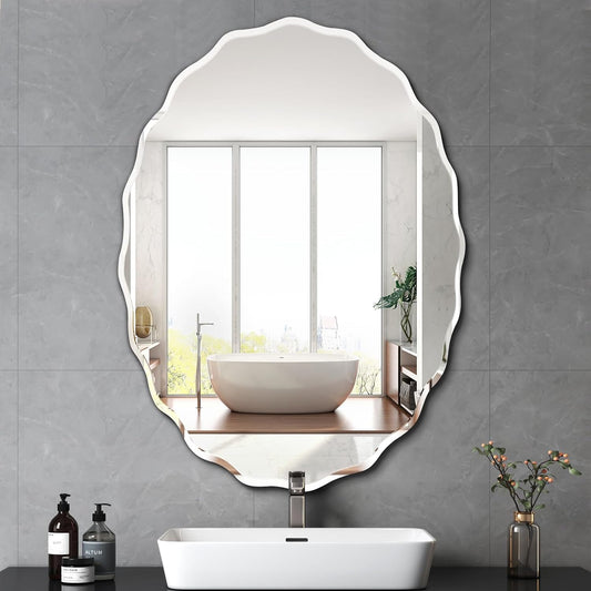 Pregaspor 28.4x40 Inch Frameless Oval Wall Mirror for Bathroom Sink, Minimalist Bathroom Vanity Mirror with Beveled Edge, Modern Mirrors for Wall Decor Living Room Entryway Bedroom